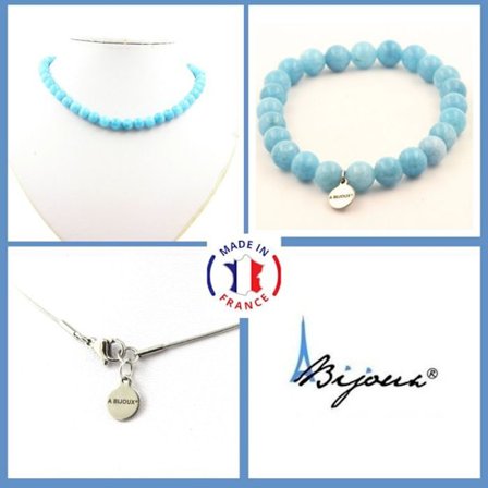 Stenar och mineraler. Smyckesset Armband Halsband Blå Kalcedonpärlor 8 mm. Kedja i anpassningsbar storlek.