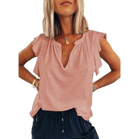 IC Casual V-ringad, volang sommarlinne för kvinnor, lös topp Casual linne (rosa, L)