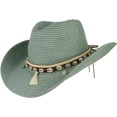 Sommerstrohat til kvinder, Cowboy Cowgirl Hat, Solhat med bred skygge, Strandstrohat med skalbånd, grøn