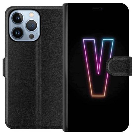 Kompatibelt Lommeboketui til Apple Apple iPhone 13 Pro Neonbokstav V i fargegradert lys mot svart bakgrunn, minimalistisk design med tydelig glow og m
