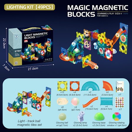 Magnetisk klinkekulebane byggesett | Kreative baneblokker | STEM-konstruksjonsleke* 49 deler*Lett
