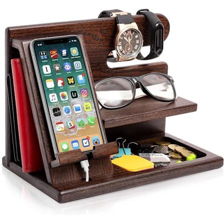 Present till män Skrivbordsorganisatör i trä Klockhållare Herrpresent Födelsedagspresent Plånbokshållare (Brun)