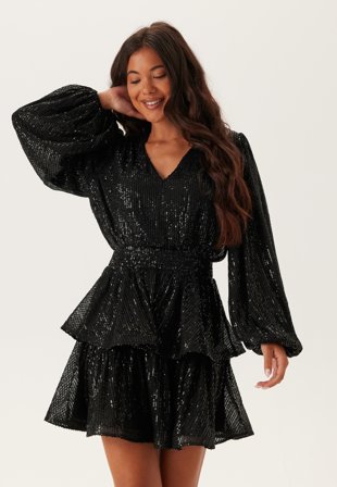 Bubbleroom Occasion - Flounce Balloon Sleeve Sequin Dress - Black - Kläder