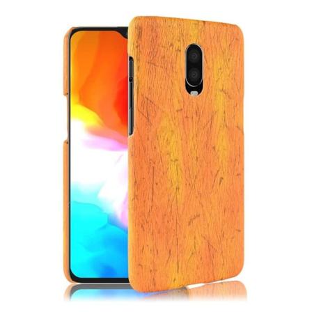 OnePlus 6T beskyttelsesetui i kunstlæder med træ tekstur - Gul Yellow