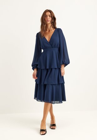 Goddiva - Long Sleeve Tiered Midi Dress - Navy