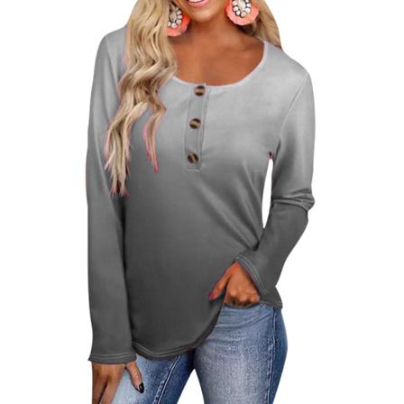 Kvinnor Färgglada Button Down Crew Neck Henley T-shirt Gradient Tee