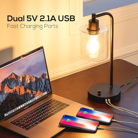 Himmennettävä yöpöytävalaisin, jossa USB-latausportit, musta LED-yöpöytävalaisin, lasivarjostin makuuhuoneeseen, olohuoneeseen, kotitoimistoon, lamppu