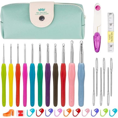 Set med 11 st stickor/stickkrok med flerfärgat gummihandtag, set med stickkrokar med