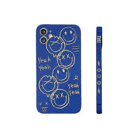 Sött Svart Glatt Leende Graffiti Sidotryck Telefonskal för Apple iPhone 12 Fodral för Kvinnor Smala Mjuka Skal för iPhone 12 blå