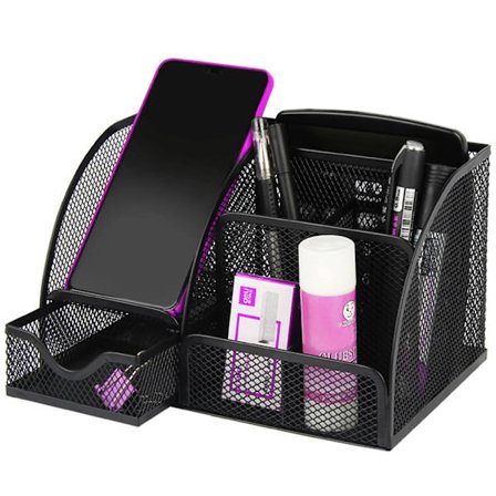 Skrivebordsorganisator - Metalnet Penholder med Skuffe - Blyantholder Pen Pot Skrivebordsopbevaring, Multifunktionelt Skrivebordstilbehør, Sort