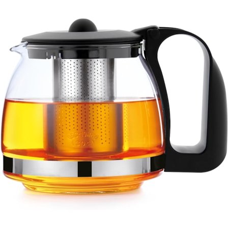 Glass tekanne med sil og avtagbart varmebestandig rustfritt stålfilter, med infuser og ove