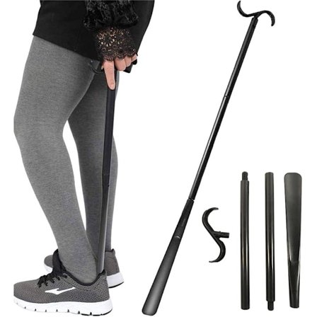 90 cm pitkä vaatepuu, kenkäsarvi pitkällä varrella senioreille, sukanpoistaja, säädettävä, vammaisille ja selkäongelmista kärsiville