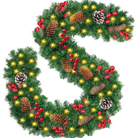 Julekrans, Kunstig Grankrans 2,7M, Juletræslyskrans, Grankrans, Julegrankrans med LED, Kunstig Rattan Krans