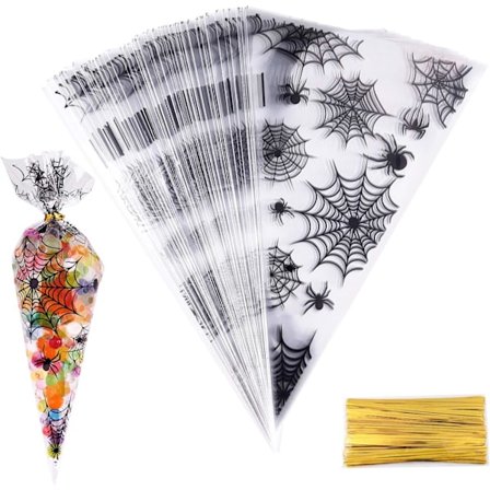150 st Spindlar Mönstrade Halloween Konformade Cellofanpåsar Godispåsar med 150 st Vridband för Halloweenfesttillbehör