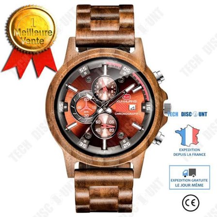 Klocka - TD - Naturlig Valnöt - Multifunktion - Sportig - Kvarts - Röd Svart