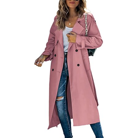 Dobbeltbrystet lang trenchcoat til kvinder, vindtæt klassisk tynd jakke PINK