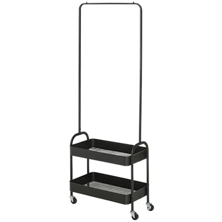 Tøjstativ på hjul, knagerække med bøjlestang, skostativ, fritstående knagerække af stål, til stue, soveværelse, belastning op til 16 kg, sort