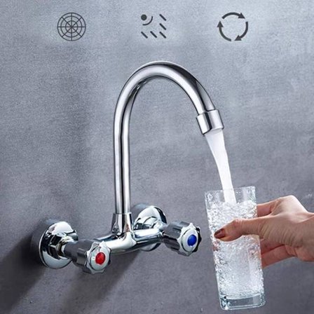 1 kpl Kaksikahvainen keittiöhana seinään asennettava sekoitushana 360° kääntyvä keittiön allashana