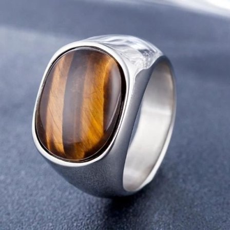 Sølv - for 8 - Vintage Tigerøye-ring for menn og kvinner, smykker i rustfritt stål, oval