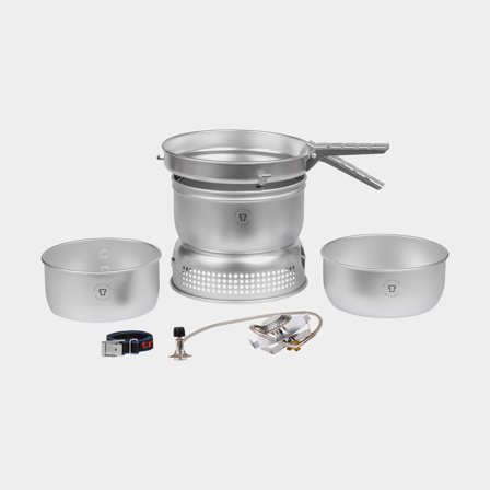 Gaskocher / Sturmkocher Trangia 25 Large, 2100 W + 2 Kessel, 1 Bratpfanne & Windschutz aus UL / UltraLight-Aluminium + Griffzange + Gurt, + SIP Power 