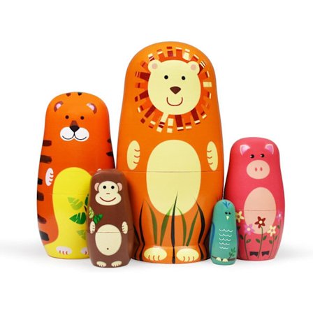 Malte Matryoshka-dukker i tre for barn, håndlagde søte tegneseriedyr Løve Tiger Ape Mønster Nesting Doll Leketøy Stabling Doll Sett med 5