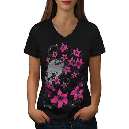 Skull Head Face Dam T-shirt med svart v-ringad hals