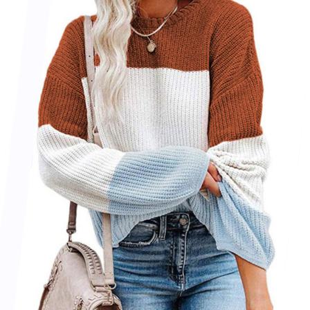 Kvinnor Crew Neck Skarvad Pullover Patchwork Color Block Sweater