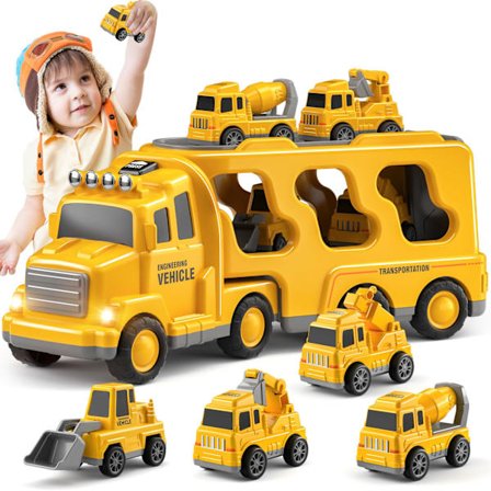 Byggekøretøj Legetøjssæt (5-i-1), Lys & Lyd Lastbiler til Småbørn 2-5 år - Inkluderer Kran, Mixer, Bulldozer & Gravemaskine, Drenge Bi