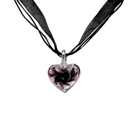Murano Glass Pendant Halskjede Lilla Hjerte Blomster Bånd Kjede