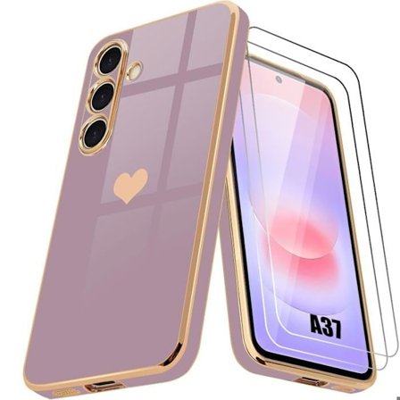Cover + 2 Tågeglas til Samsung Galaxy A37 5G, Silikone Hjerte Mønster Ridsefast Lilla