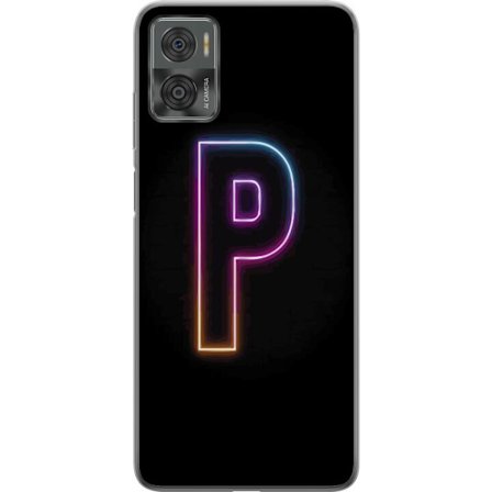 Kompatibel Mobilcover til Motorola Motorola Moto E22i Minimalistisk neonbogstav P i farvegradient og lyseffekt mod sort baggrund i digital neonstil