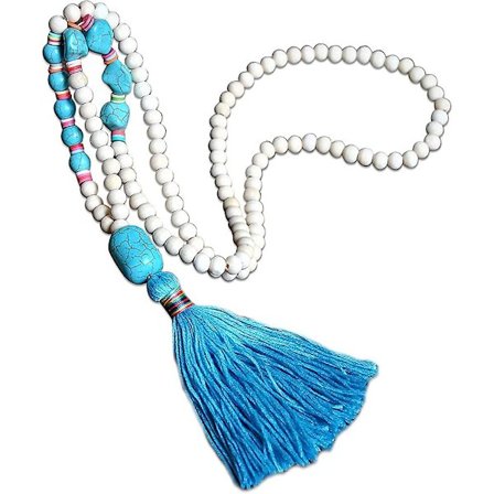 Boho Halskæder til Kvinder, Lang Træperle Halskæde med Turkis Kvast Gave