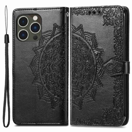 Mandala läder iPhone 14 Pro fodral - Svart