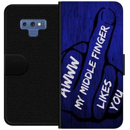 Kompatibelt Lommeboketui til Samsung Galaxy Note9 Mørk typografisk illustrasjon med hjerteform og budskap om vennskap mot dyp blå tretekstur