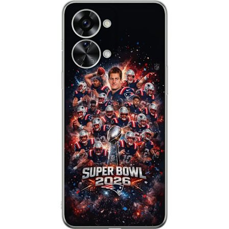 Yhteensopiva Puhelinkuori OnePlus Nord 2T Super Bowl 2026 juliste, jossa New England Patriots ja NFL-mestaruuspalkinto räjähtävän urheilullisessa suun