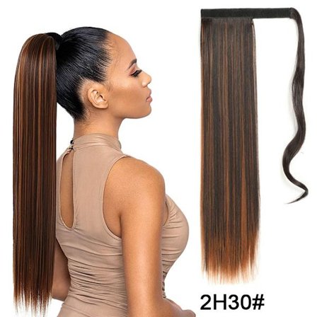 22" syntetiska hästsvansförlängningar linda runt lång rak falsk hästsvans Mjuk klämma i hårförlängningar Pony Tail falskt hår