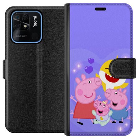 Kompatibel Tegnebogsetui til Xiaomi Redmi 10C Peppa Gris mønster med hjerter, sommerfugle og venner, lyserød baggrund i bløde børneillustrationer