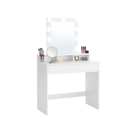 Sminkebord med LED-belysning med 2 skuffer og 3 åbne rum, moderne toiletbord, hvid