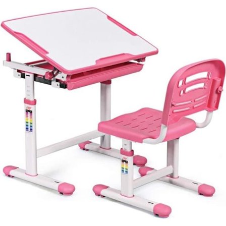 COSTWAY Ergonomisk børneskrivebord Justerbar højde og vinkel 0-40° bordsæt med stole, tegnebord med 1 skuffe Pink