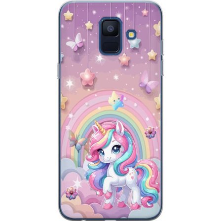 Kompatibel Mobilcover til Samsung Galaxy A6 (2018) Magisk enhjørning med regnbue manke, stjerner og sommerfugle mod en pastelfarvet himmel med skyer