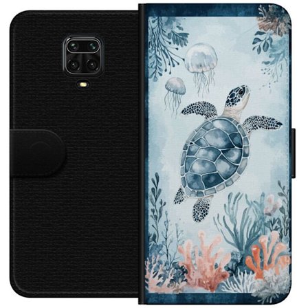 Kompatibel Tegnebogsetui til Xiaomi Redmi Note 9 Pro Akvarel-maleri af en havskildpadde blandt koraller og maneter i et fredeligt blåt undervandsverd
