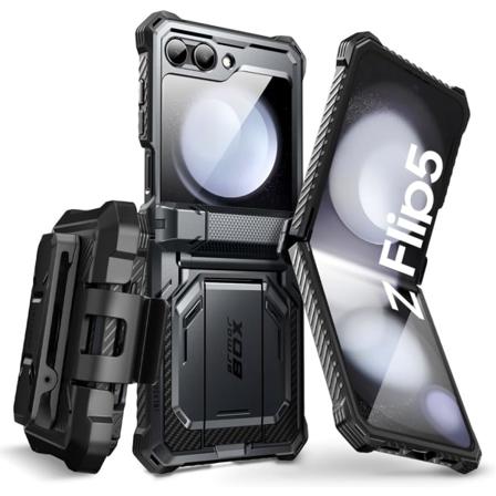 lason Armorbox-serie för Samsung Galaxy Z Flip 5-fodral () med inbyggt skärmskydd, stativ och bältesklämma, Fu Black