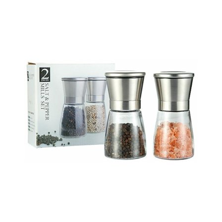 Silver Salt- och Pepparkvarn Set i Rostfritt Stål - Justerbar Storlek Salt- och Pepparkvarnar - Svart Pepparkvarn och Saltkvarn