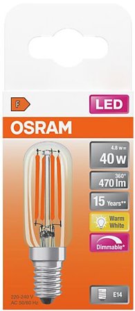 OSRAM Led Lyspære E14 T26 40 470lm klar Dimbar Varmhvit