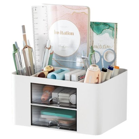 Skrivebordsorganisator med skuffer, multifunksjonell pennholder med 7 rom, stasjonær organisator for hjemmekontor og tilbehør (hvit)