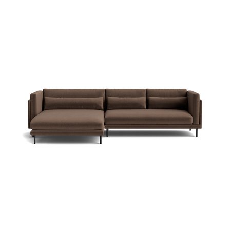 Bali Chaiselongue-Sofa, links, Riviera Braun, einfarbig, modernes Design, bequeme Polsterung, schlanke Standfüße, 76cm Höhe, hoher Komfort.
