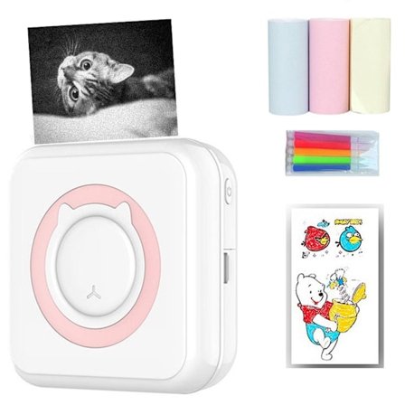 Mini Bluetooth-skriver for notater, påminnelser, bilder, leveres med 3 ruller fargepapir og 5 fargepenner Rosa