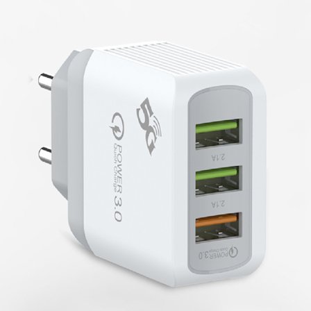LED 3USB QC3.0 hurtiglader for mobiltelefon med flere porter, ladehode, europeisk standard