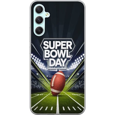 Kompatibel Mobilcover til Samsung Galaxy A34 Super Bowl Day plakat med amerikansk fodbold på oplyst arena i dramatisk sportsdesign