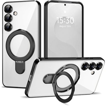 Samsung Galaxy S25plus 6.7 Skal med Magnetisk Ringstativ [Kompatibel med Mag-Safe] [Fullständigt Kameralinsskydd] Pläterad Klar Telefon